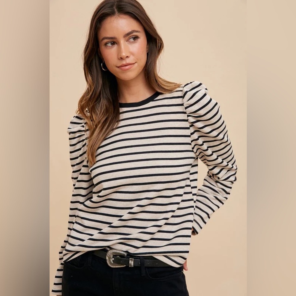 ANNIEWEAR Striped Round Neck Puff Sleeve French Terry Top